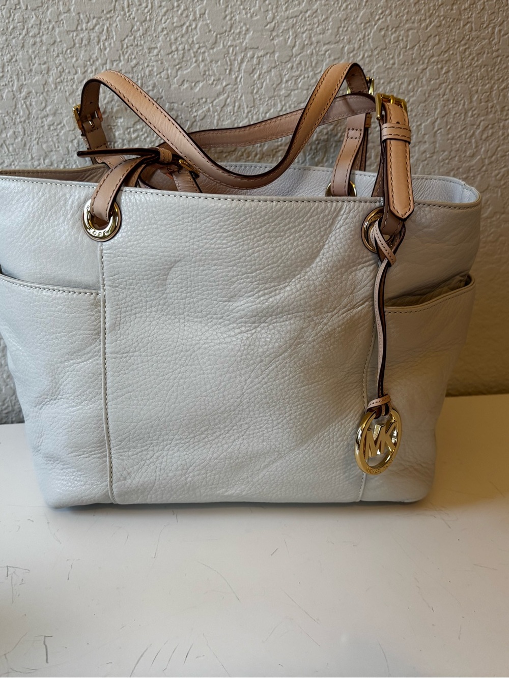 Michael Kors Cream Leather Tote with Tan Handles and Gold Accents